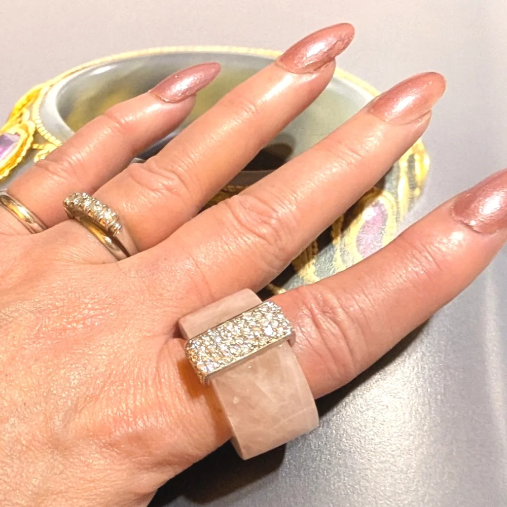 Vintage Myanmar Pink Jadeite Ring with CZ Accents - Picture 6 of 8